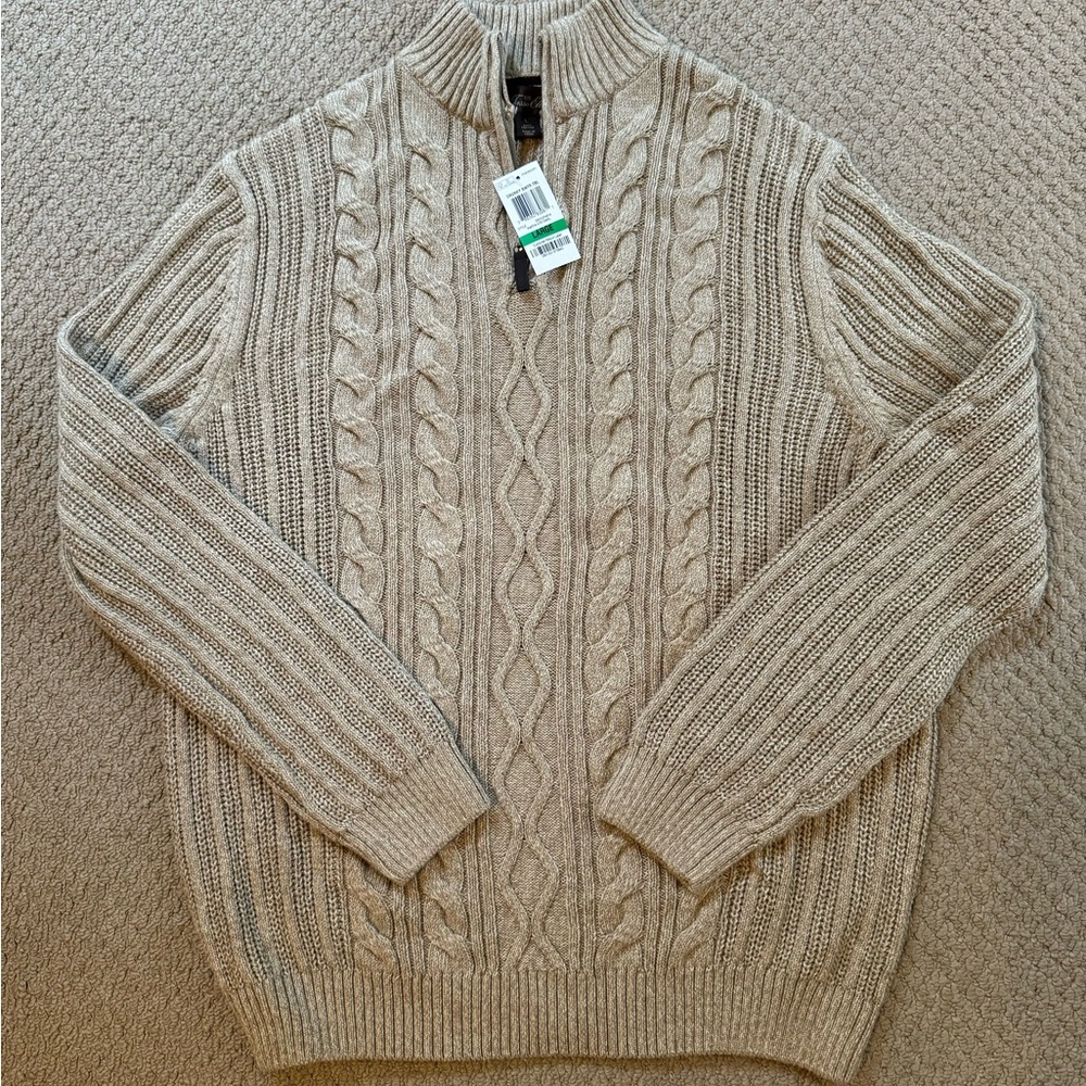 NWT Tasso Elba Men’s Cableknit Quarter- Zip Taupe Sweater Size L